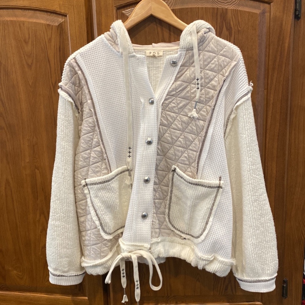 POL Quilted & Knit Hooded Jacket in Cream and Beige